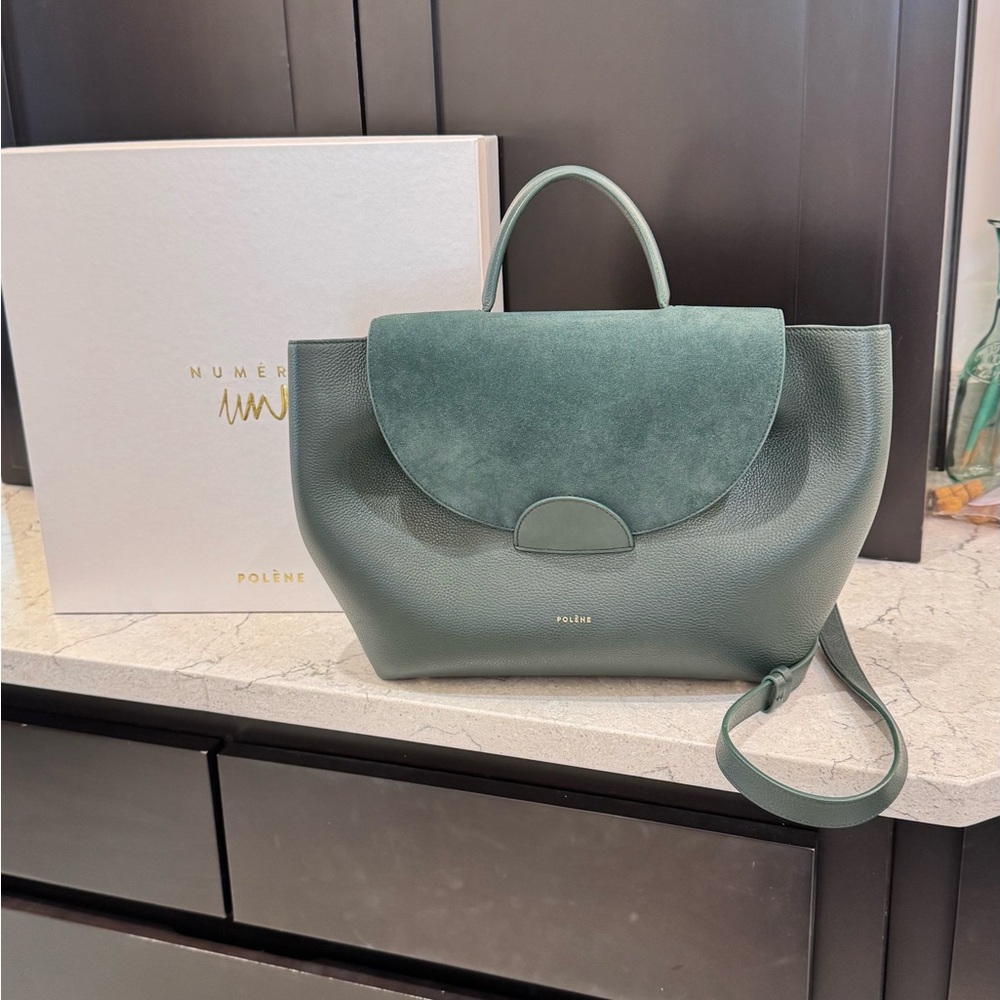 Polene Green Satchel with Modern Design and Flap Closure